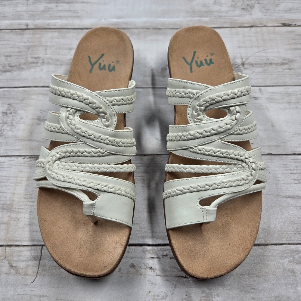 Yuu Dansa Slide Sandals Women 8.5M White Braided Straps Comfort Wedge Toe Loop